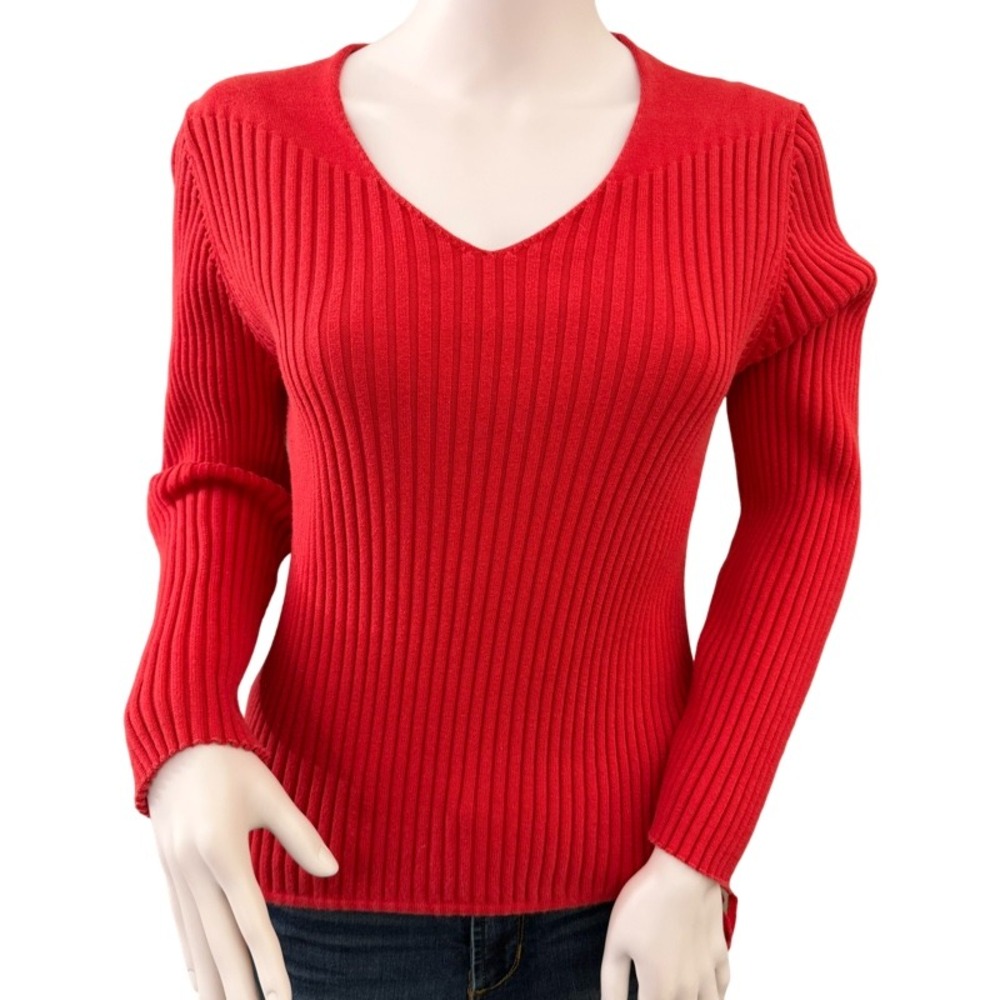 HALE BOB Red Ribbed V Neck Long Sleeve Knit Sweater Top Size Large Classic